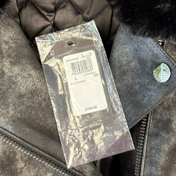 New Guess Metallic Faux Leather Fur Quilted Moto Biker Full Zip Jacket Sz Large - Picture 7 of 11